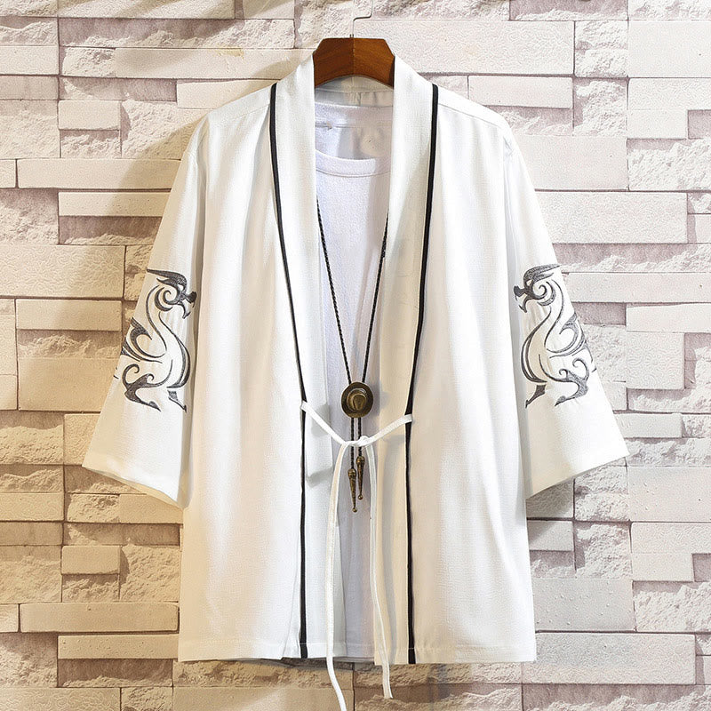 Buddha Stones -Stickerei, Drache, Phönix, Glücksbringer, Wolken, Wellen, Blätter, Kraniche, offene Vorderseite, Jacke, Herren-Kimono - Weißer Drache-Weiß - US/UK/AU46, EU56 (5XL) - image 8
