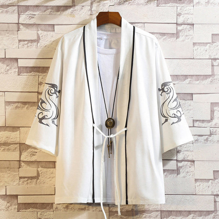 Buddha Stones -Stickerei, Drache, Phönix, Glücksbringer, Wolken, Wellen, Blätter, Kraniche, offene Vorderseite, Jacke, Herren-Kimono - Weißer Drache-Weiß - US/UK/AU46, EU56 (5XL) - image 8