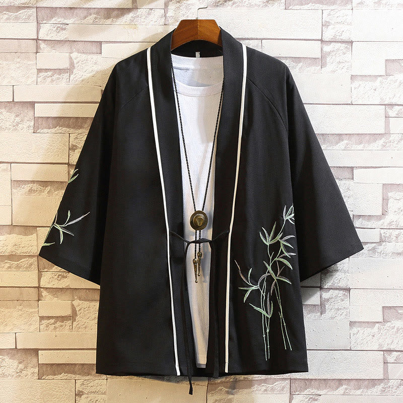 Buddha Stones -Stickerei, Drache, Phönix, Glücksbringer, Wolken, Wellen, Blätter, Kraniche, offene Vorderseite, Jacke, Herren-Kimono - Blätter-Schwarz - US/UK/AU46, EU56 (5XL) - image 14