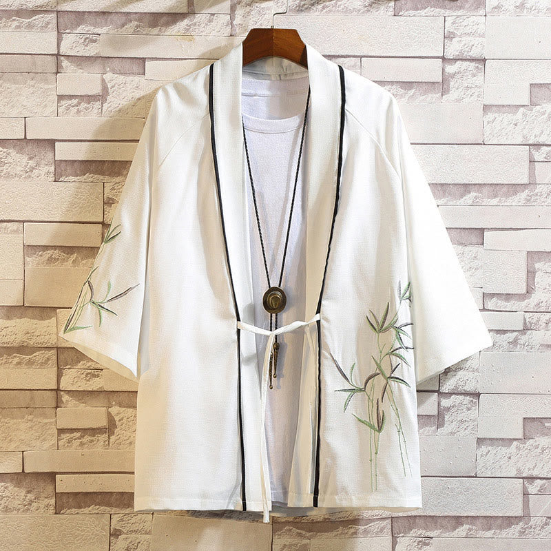 Buddha Stones -Stickerei, Drache, Phönix, Glücksbringer, Wolken, Wellen, Blätter, Kraniche, offene Vorderseite, Jacke, Herren-Kimono - Blätter-Weiß - US/ UK/AU46，EU56 (5XL) - image 16