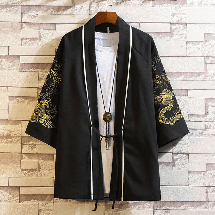 Buddha Stones -Stickerei, Drache, Phönix, Glücksbringer, Wolken, Wellen, Blätter, Kraniche, offene Vorderseite, Jacke, Herren-Kimono - Goldener Drache Phönix-Schwarz - US/UK/AU46, EU56 (5XL) - image 18