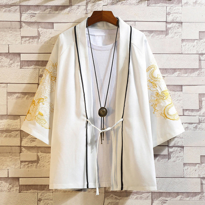 Buddha Stones -Stickerei, Drache, Phönix, Glücksbringer, Wolken, Wellen, Blätter, Kraniche, offene Vorderseite, Jacke, Herren-Kimono - Goldener Drache Phönix-Weiß - US/UK/AU46, EU56 (5XL) - image 20