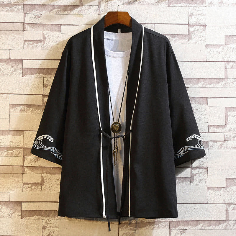 Buddha Stones -Stickerei, Drache, Phönix, Glücksbringer, Wolken, Wellen, Blätter, Kraniche, offene Vorderseite, Jacke, Herren-Kimono - Ozeanwellen – Schwarz - US/UK/AU46, EU56 (5XL) - image 37