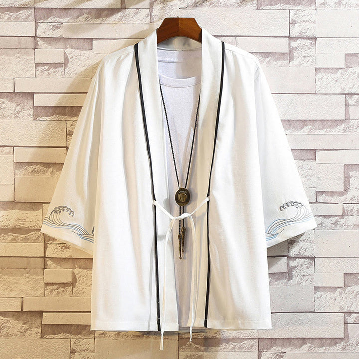 Buddha Stones -Stickerei, Drache, Phönix, Glücksbringer, Wolken, Wellen, Blätter, Kraniche, offene Vorderseite, Jacke, Herren-Kimono - Weißer Ozeanwellen - US/ UK/AU46, EU56 (5XL) - image 39