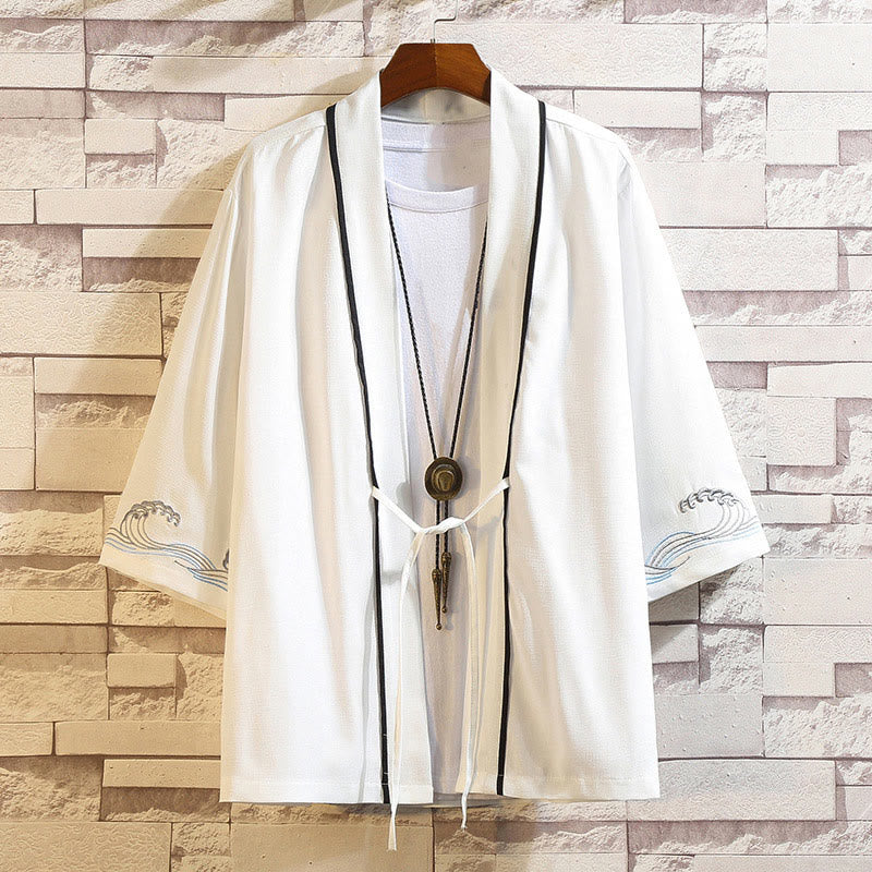 Buddha Stones -Stickerei, Drache, Phönix, Glücksbringer, Wolken, Wellen, Blätter, Kraniche, offene Vorderseite, Jacke, Herren-Kimono - Weißer Ozeanwellen - US/UK/AU46, EU56 (5XL) - image 39