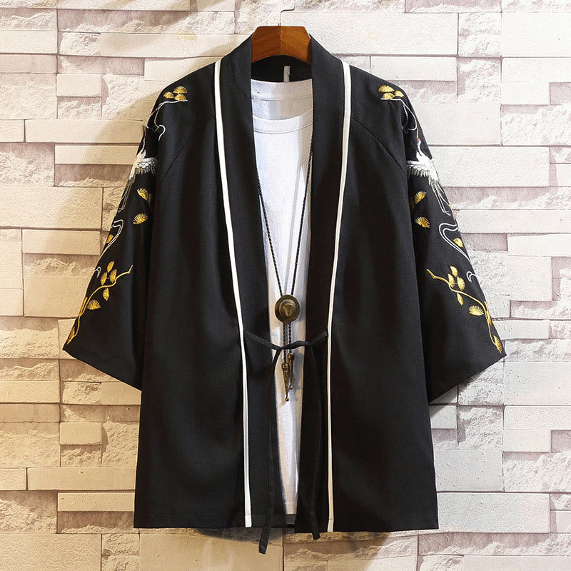 Buddha Stones -Stickerei, Drache, Phönix, Glücksbringer, Wolken, Wellen, Blätter, Kraniche, offene Vorderseite, Jacke, Herren-Kimono - Weißer Kranich-Schwarz - US/UK/AU46, EU56 (5XL) - image 41