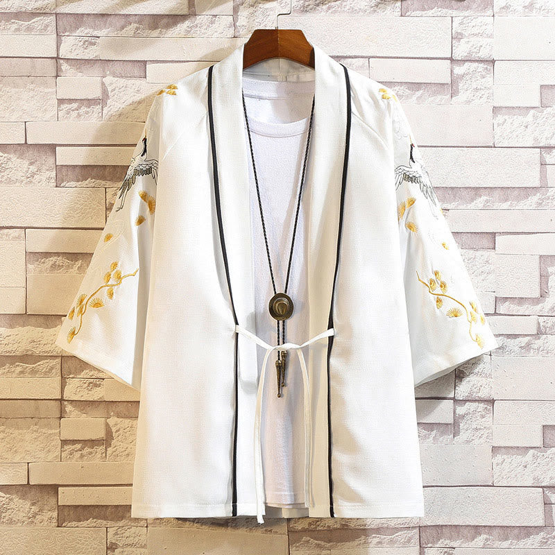 Buddha Stones -Stickerei, Drache, Phönix, Glücksbringer, Wolken, Wellen, Blätter, Kraniche, offene Vorderseite, Jacke, Herren-Kimono - Weißer Kranich-Weiß - US/UK/AU46, EU56 (5XL) - image 43