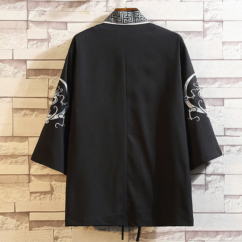 Buddha Stones -Stickerei, Drache, Phönix, Glücksbringer, Wolken, Wellen, Blätter, Kraniche, offene Vorderseite, Jacke, Herren-Kimono - image 1