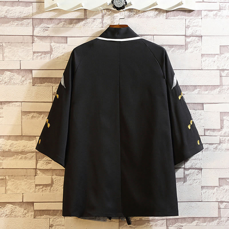 Buddha Stones -Stickerei, Drache, Phönix, Glücksbringer, Wolken, Wellen, Blätter, Kraniche, offene Vorderseite, Jacke, Herren-Kimono - image 42