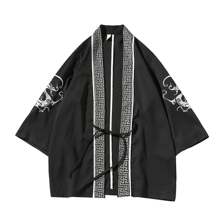 Buddha Stones -Stickerei, Drache, Phönix, Glücksbringer, Wolken, Wellen, Blätter, Kraniche, offene Vorderseite, Jacke, Herren-Kimono - image 2