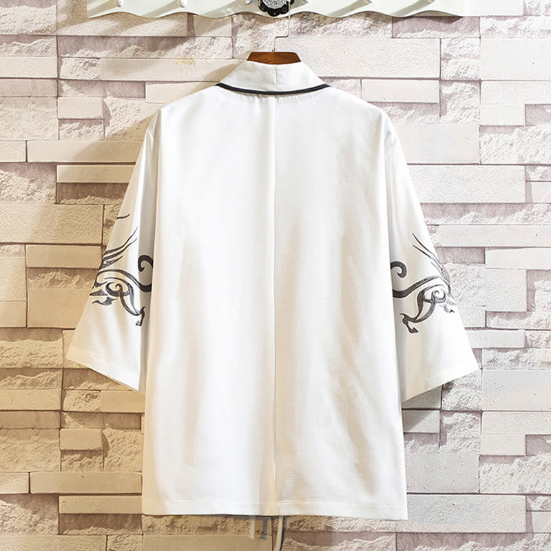 Buddha Stones -Stickerei, Drache, Phönix, Glücksbringer, Wolken, Wellen, Blätter, Kraniche, offene Vorderseite, Jacke, Herren-Kimono - image 9