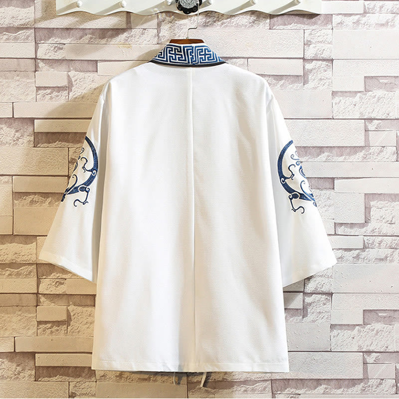 Buddha Stones -Stickerei, Drache, Phönix, Glücksbringer, Wolken, Wellen, Blätter, Kraniche, offene Vorderseite, Jacke, Herren-Kimono - image 4