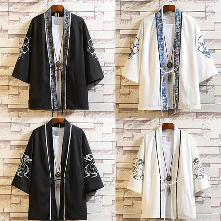 Buddha Stones -Stickerei, Drache, Phönix, Glücksbringer, Wolken, Wellen, Blätter, Kraniche, offene Vorderseite, Jacke, Herren-Kimono - image 45
