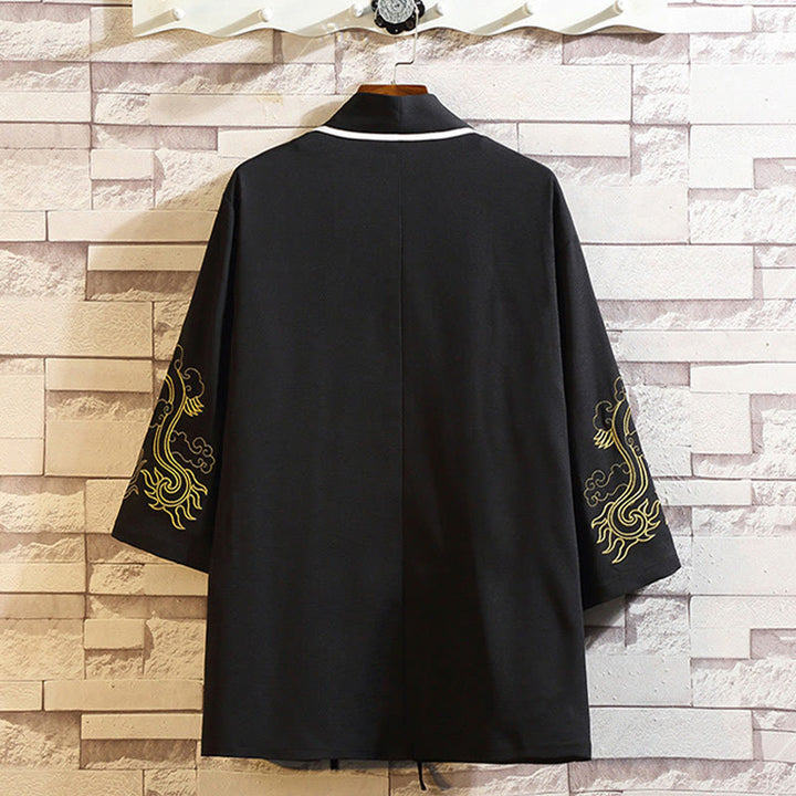 Buddha Stones -Stickerei, Drache, Phönix, Glücksbringer, Wolken, Wellen, Blätter, Kraniche, offene Vorderseite, Jacke, Herren-Kimono - image 11