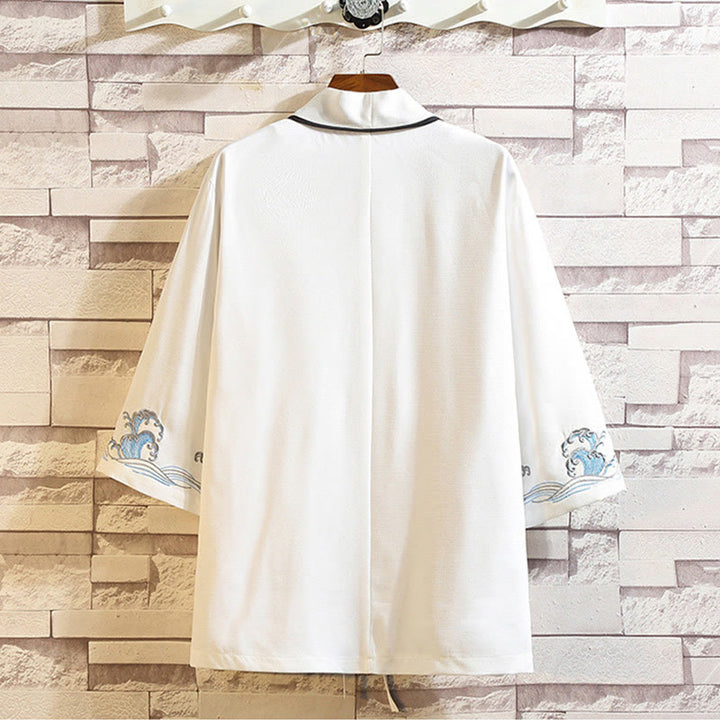 Buddha Stones -Stickerei, Drache, Phönix, Glücksbringer, Wolken, Wellen, Blätter, Kraniche, offene Vorderseite, Jacke, Herren-Kimono - image 40