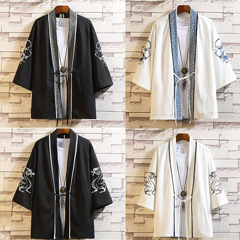 Buddha Stones -Stickerei, Drache, Phönix, Glücksbringer, Wolken, Wellen, Blätter, Kraniche, offene Vorderseite, Jacke, Herren-Kimono - image 45