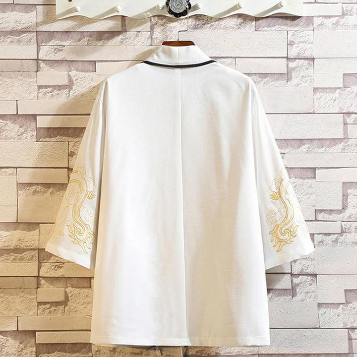 Buddha Stones -Stickerei, Drache, Phönix, Glücksbringer, Wolken, Wellen, Blätter, Kraniche, offene Vorderseite, Jacke, Herren-Kimono - image 13