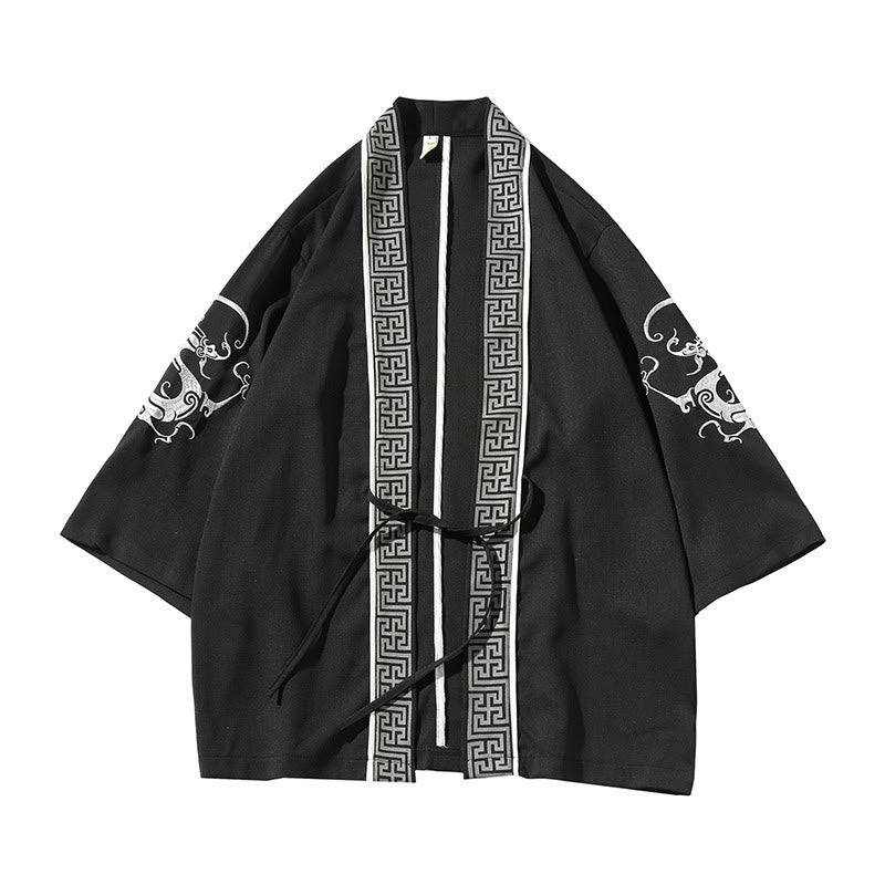 Buddha Stones -Stickerei, Drache, Phönix, Glücksbringer, Wolken, Wellen, Blätter, Kraniche, offene Vorderseite, Jacke, Herren-Kimono - image 2