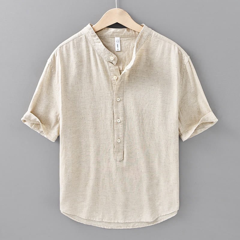 Buddha Stones Sommer-Hemd aus Baumwolle und Leinen für Herren mit halben Knöpfen und kurzen Ärmeln - Leinen - US/ UK/AU42, EU52 (3XL) - image 0