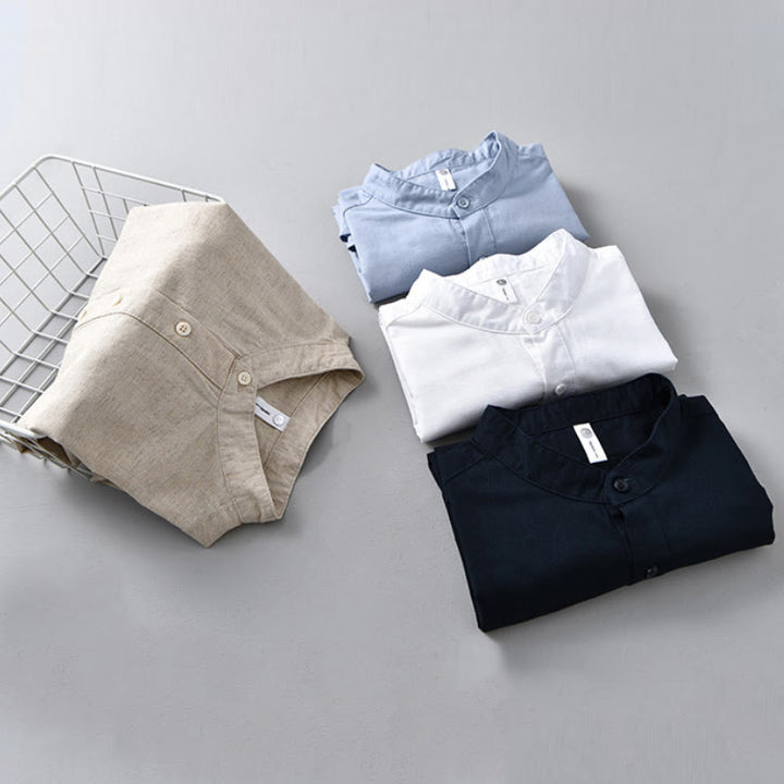 Buddha Stones Sommer-Hemd aus Baumwolle und Leinen für Herren mit halben Knöpfen und kurzen Ärmeln - image 18