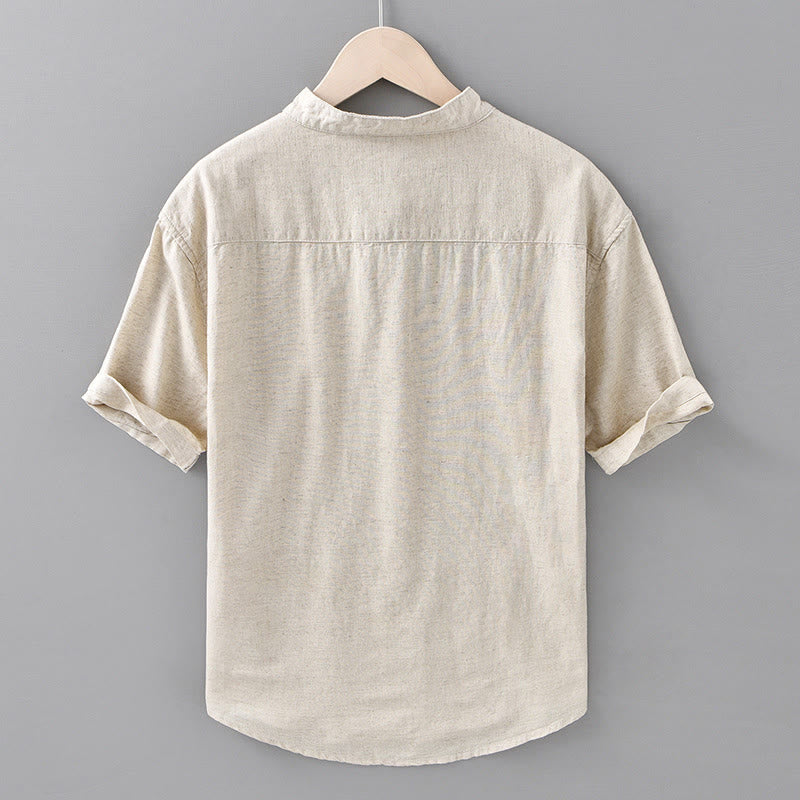 Buddha Stones Sommer-Hemd aus Baumwolle und Leinen für Herren mit halben Knöpfen und kurzen Ärmeln - image 2