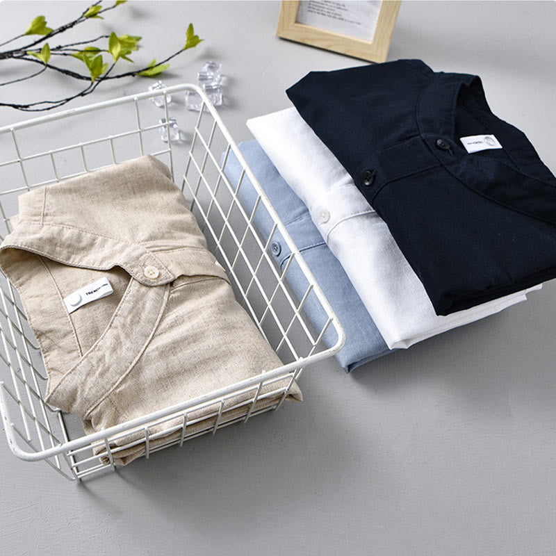 Buddha Stones Sommer-Hemd aus Baumwolle und Leinen für Herren mit halben Knöpfen und kurzen Ärmeln - image 19