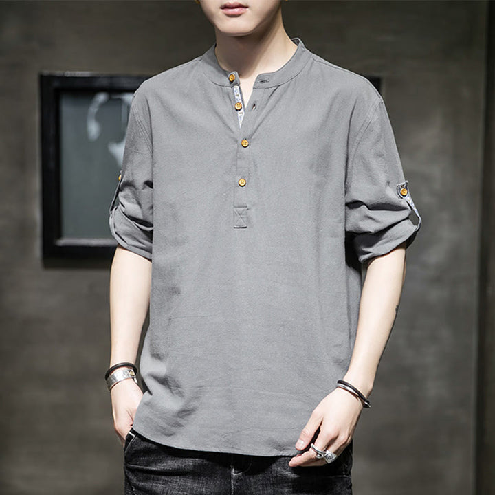 Buddha Stones Sommer Solid Herren Halbknöpfe Halbarm Leinenhemd - Dunkelgrau - US/ UK/AU46, EU56 (5XL) - image 0