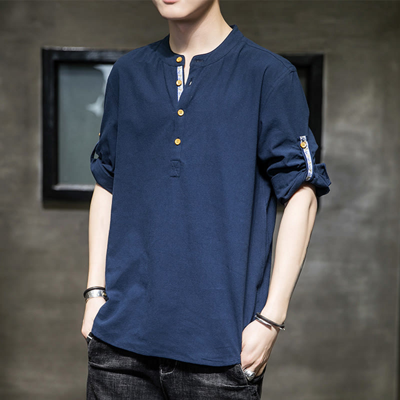 Buddha Stones Sommer Solid Herren Halbknöpfe Halbarm Leinenhemd - SteelBlue - US/ UK/AU46, EU56 (5XL) - image 17