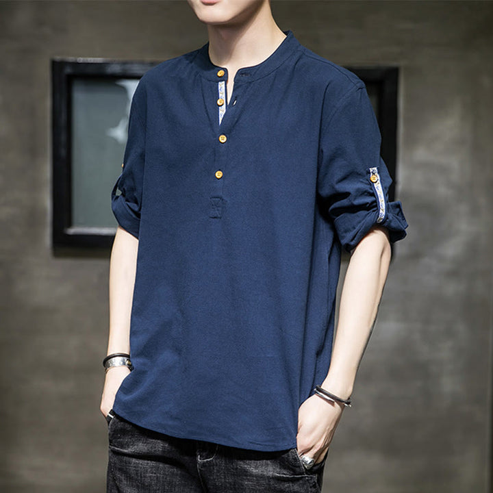 Buddha Stones Sommer Solid Herren Halbknöpfe Halbarm Leinenhemd - SteelBlue - US/ UK/AU46, EU56 (5XL) - image 17