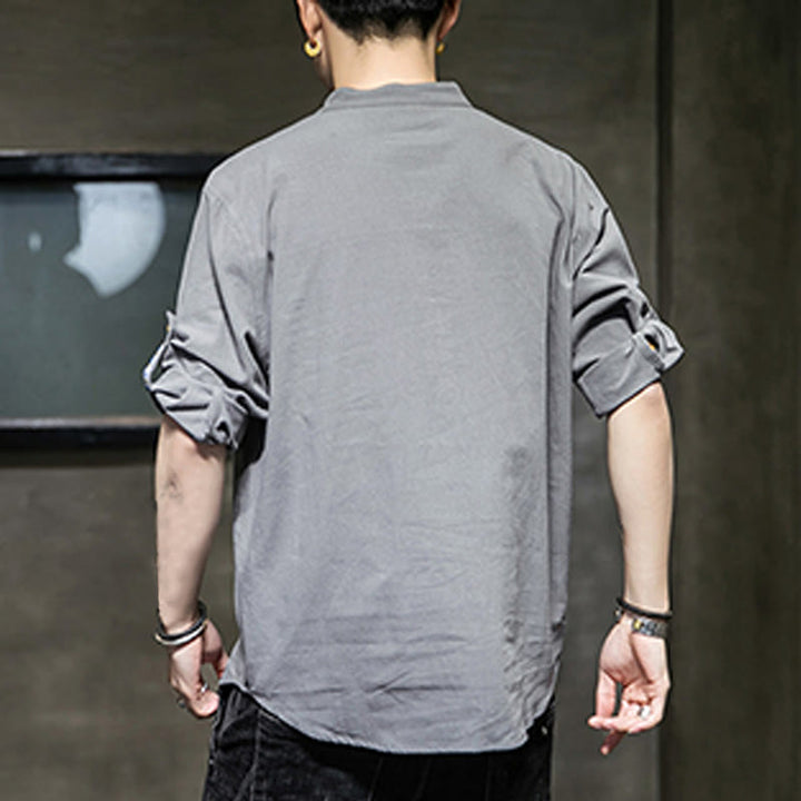 Buddha Stones Sommer Solid Herren Halbknöpfe Halbarm Leinenhemd - image 2