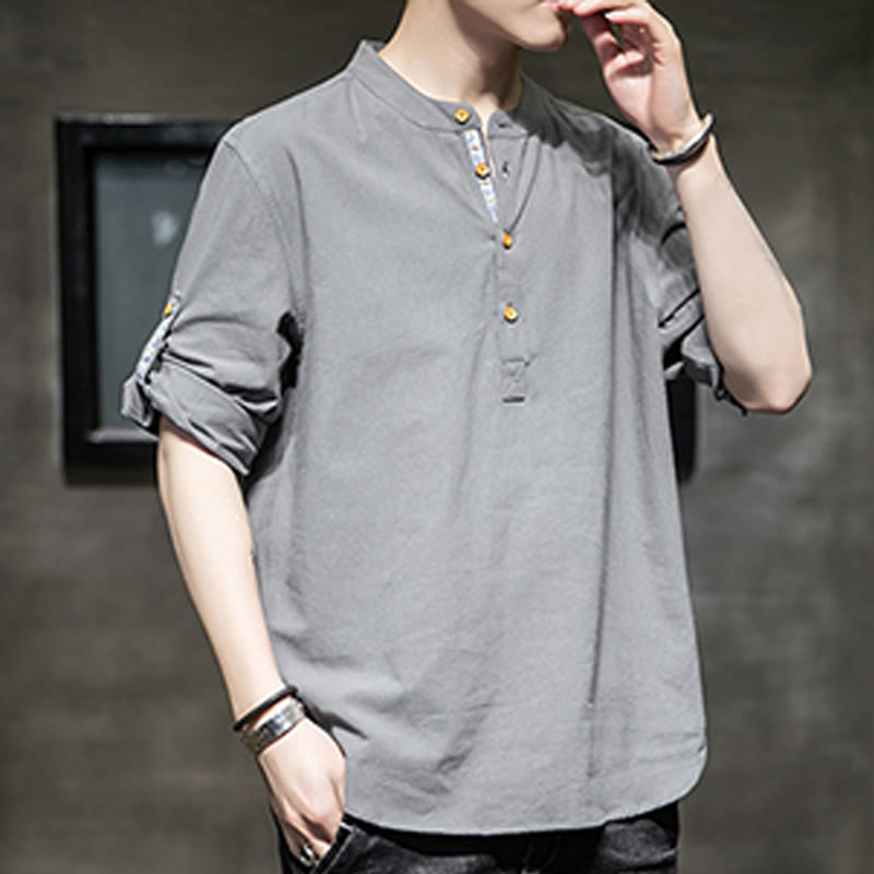 Buddha Stones Sommer Solid Herren Halbknöpfe Halbarm Leinenhemd - image 3