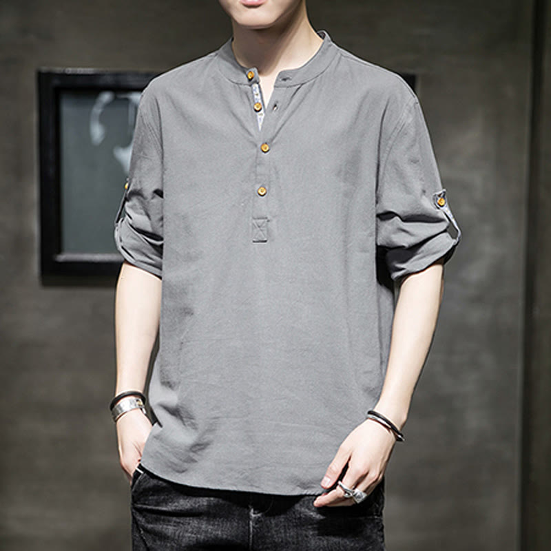 Buddha Stones Sommer Solid Herren Halbknöpfe Halbarm Leinenhemd - image 4