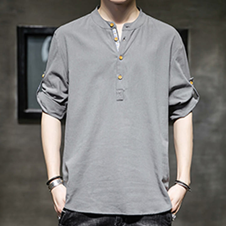 Buddha Stones Sommer Solid Herren Halbknöpfe Halbarm Leinenhemd - image 5