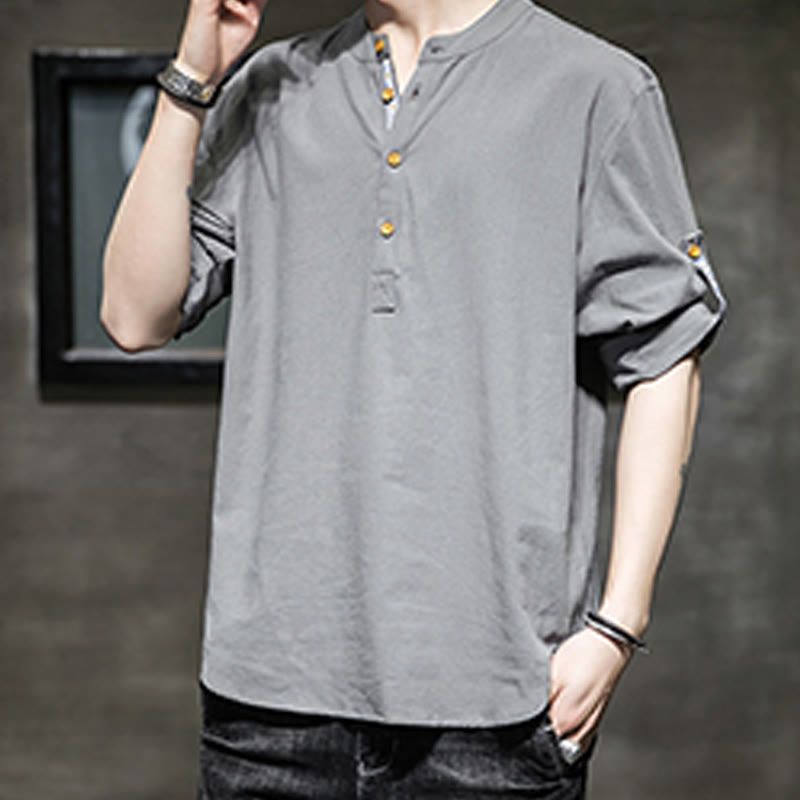 Buddha Stones Sommer Solid Herren Halbknöpfe Halbarm Leinenhemd - image 1