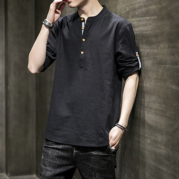 Buddha Stones Sommer Solid Herren Halbknöpfe Halbarm Leinenhemd - image 11