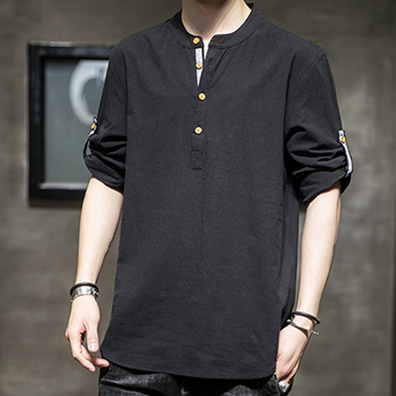 Buddha Stones Sommer Solid Herren Halbknöpfe Halbarm Leinenhemd - image 14