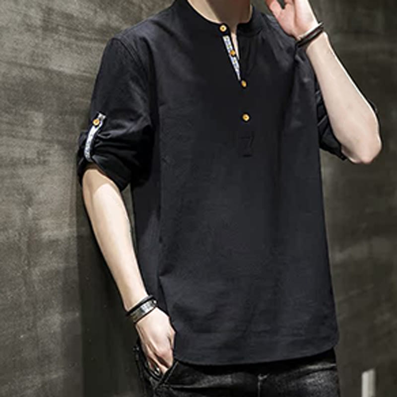 Buddha Stones Sommer Solid Herren Halbknöpfe Halbarm Leinenhemd - image 15