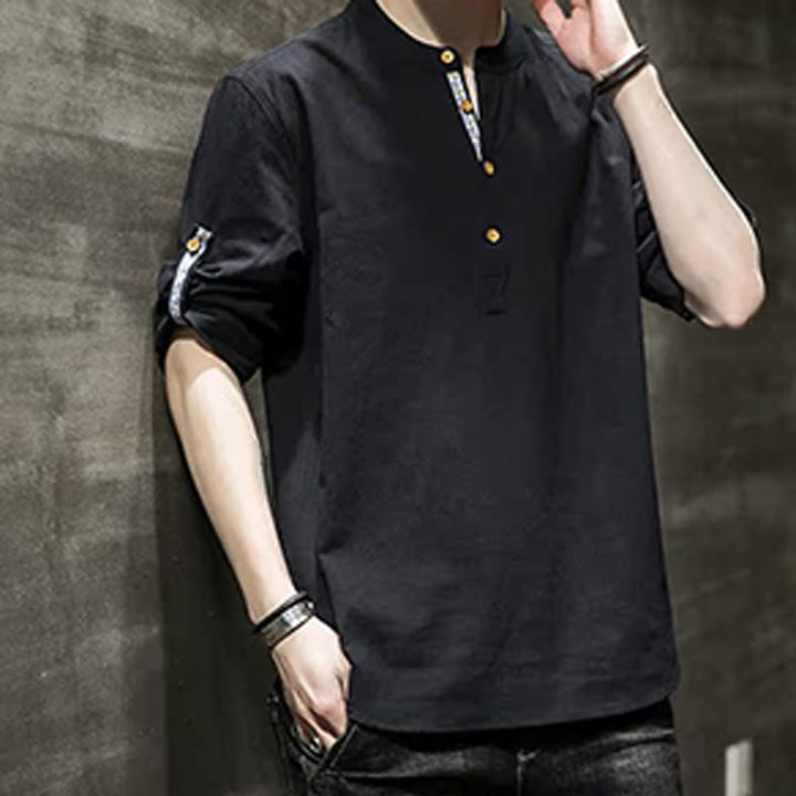 Buddha Stones Sommer Solid Herren Halbknöpfe Halbarm Leinenhemd - image 15