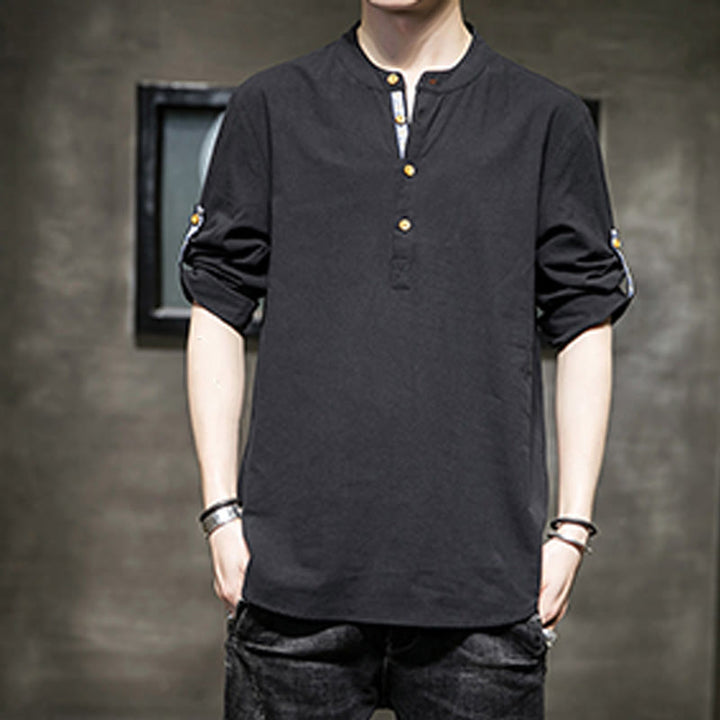 Buddha Stones Sommer Solid Herren Halbknöpfe Halbarm Leinenhemd - image 13