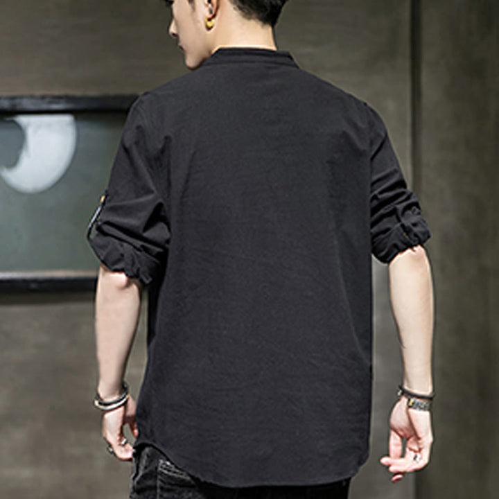 Buddha Stones Sommer Solid Herren Halbknöpfe Halbarm Leinenhemd - image 9