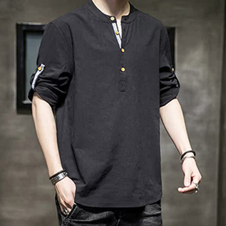 Buddha Stones Sommer Solid Herren Halbknöpfe Halbarm Leinenhemd - image 12