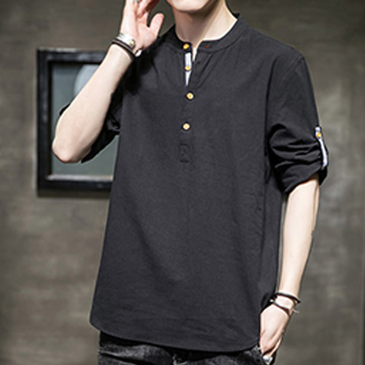 Buddha Stones Sommer Solid Herren Halbknöpfe Halbarm Leinenhemd - image 16