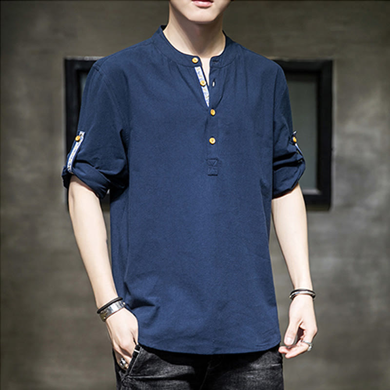 Buddha Stones Sommer Solid Herren Halbknöpfe Halbarm Leinenhemd - image 22