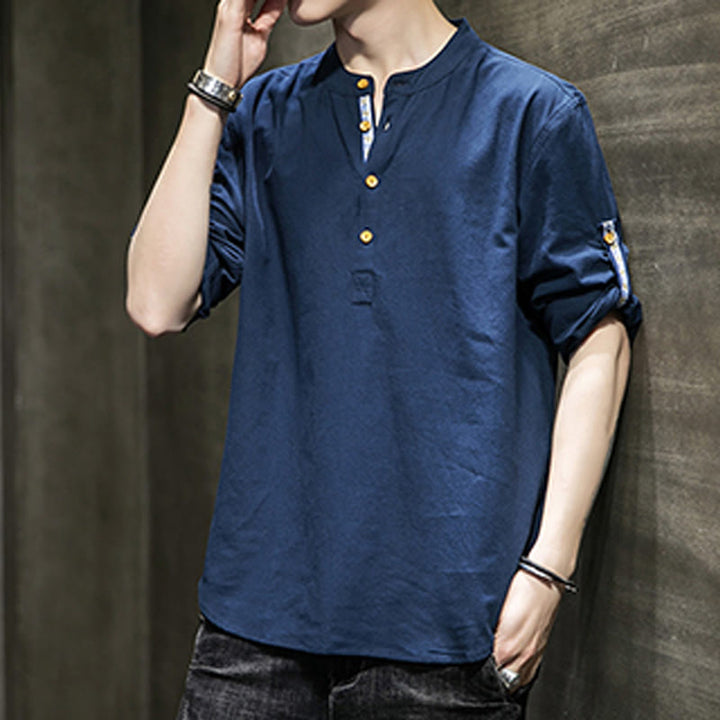 Buddha Stones Sommer Solid Herren Halbknöpfe Halbarm Leinenhemd - image 21