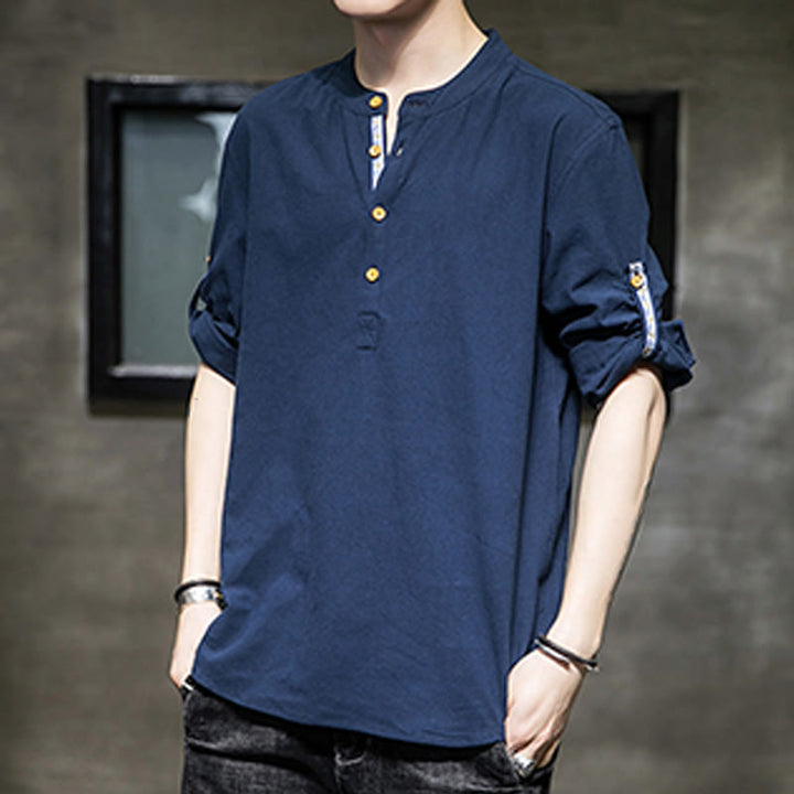 Buddha Stones Sommer Solid Herren Halbknöpfe Halbarm Leinenhemd - image 20