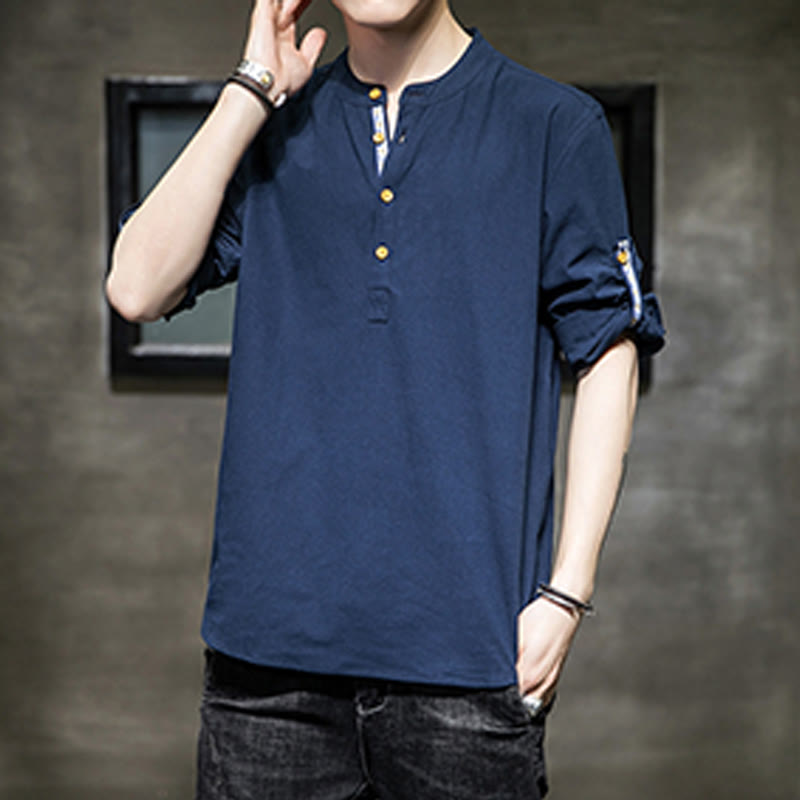 Buddha Stones Sommer Solid Herren Halbknöpfe Halbarm Leinenhemd - image 24