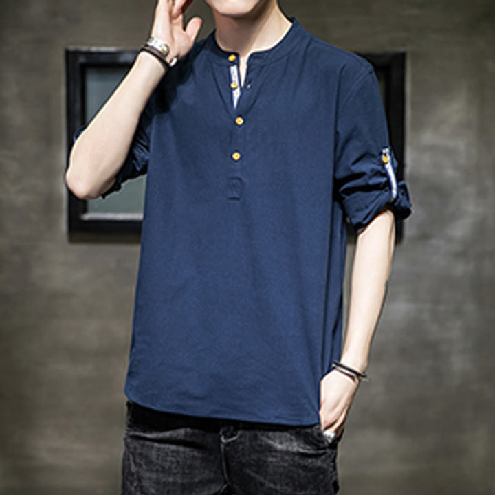 Buddha Stones Sommer Solid Herren Halbknöpfe Halbarm Leinenhemd - image 24