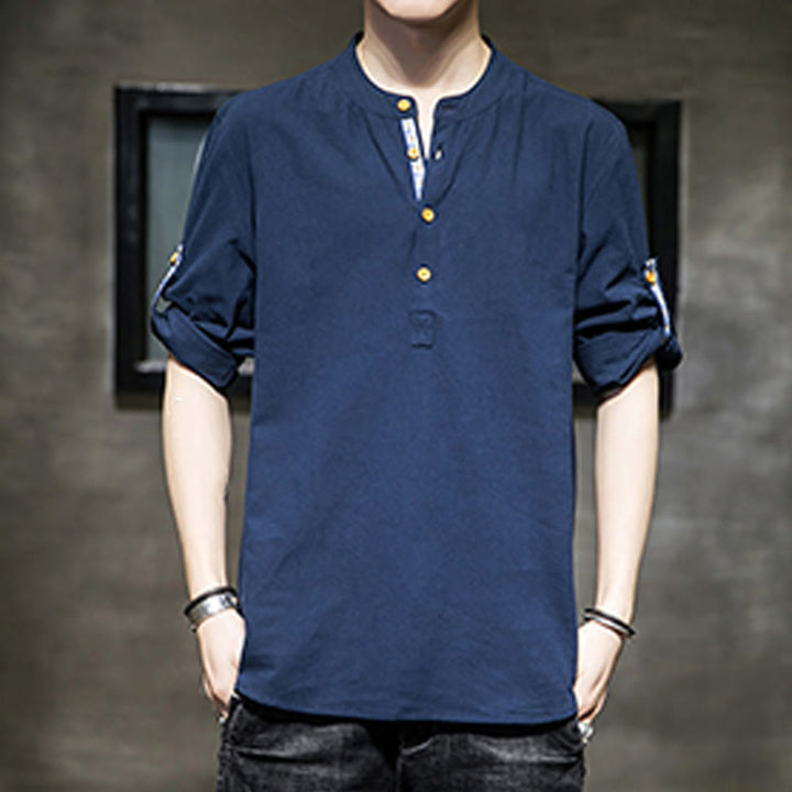 Buddha Stones Sommer Solid Herren Halbknöpfe Halbarm Leinenhemd - image 23