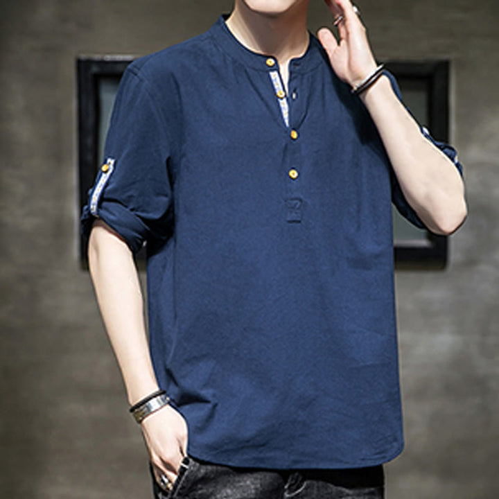 Buddha Stones Sommer Solid Herren Halbknöpfe Halbarm Leinenhemd - image 19