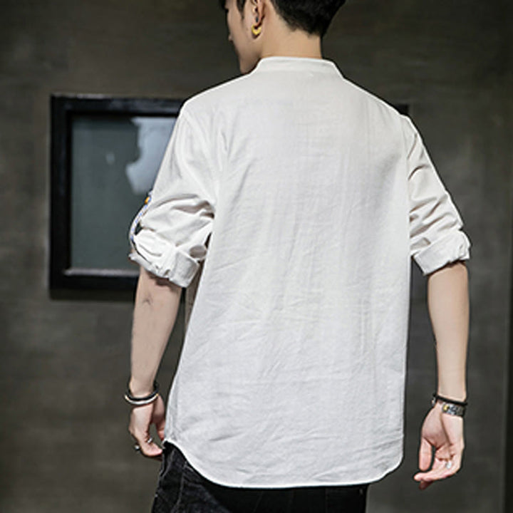 Buddha Stones Sommer Solid Herren Halbknöpfe Halbarm Leinenhemd - image 26